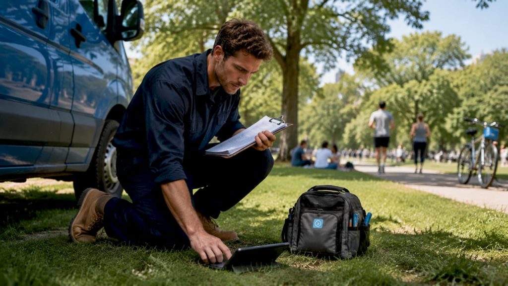 Technician reviewing schedules beside service van outdoors