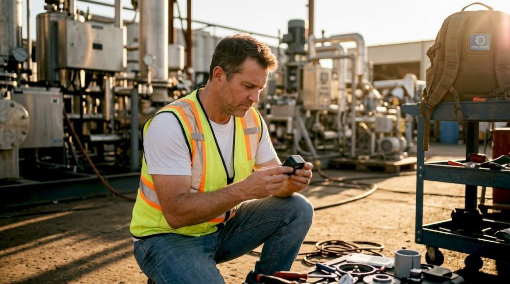 Engineer inspecting industrial IoT sensor device