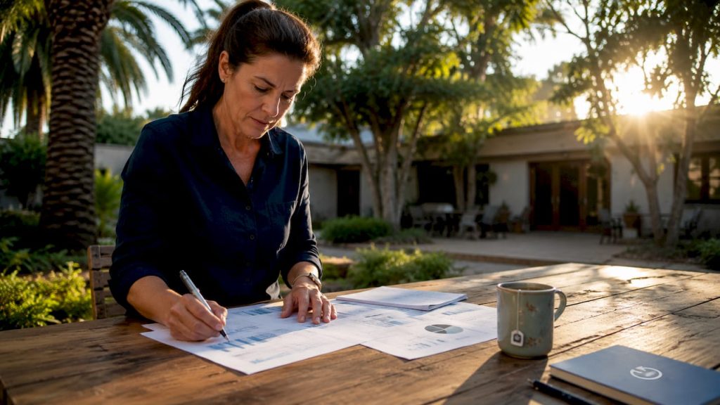 Maintenance manager reviewing downtime reports at desk