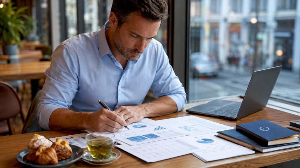 Operations manager reviewing printed performance reports