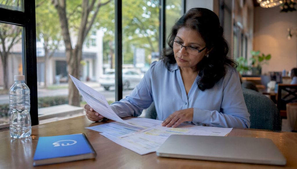Compliance officer reviewing printed reports at desk