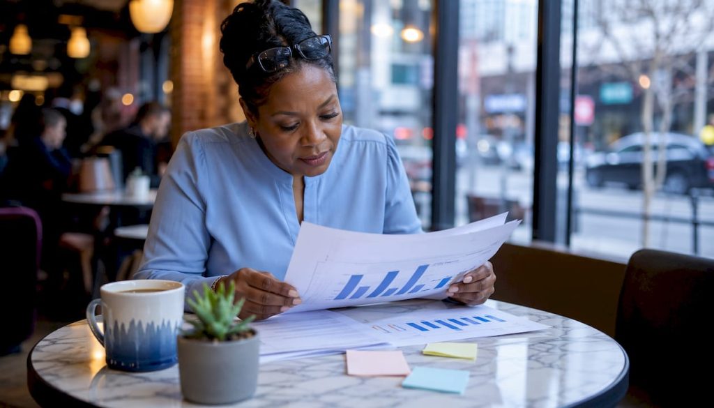 Operations manager reviewing benchmarking reports
