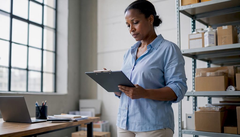 Business manager reviewing inventory documents in office