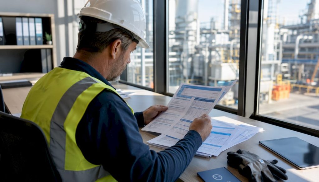 Engineer reviewing generic risk assessment papers