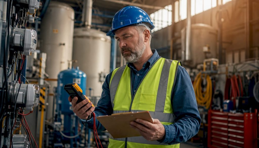 Operations manager inspecting industrial energy meters