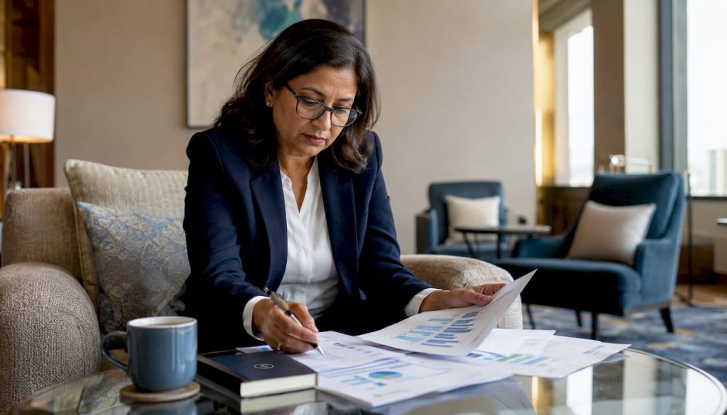 Asset manager reviewing hotel financial reports