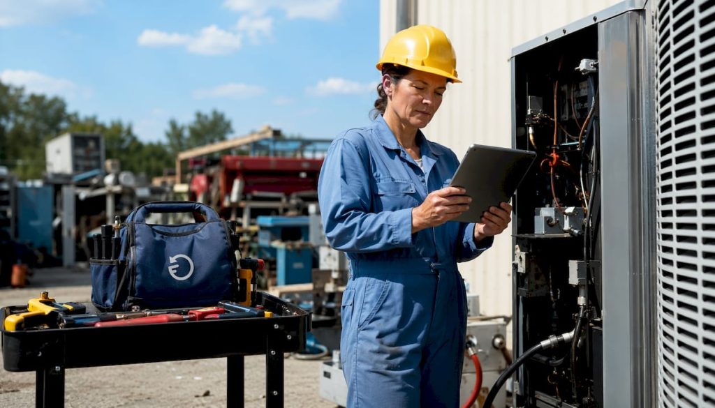 Technician documenting maintenance work outdoors