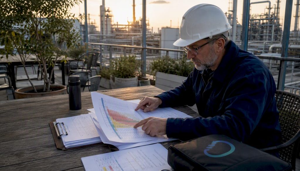 Maintenance manager reviewing criticality matrix documents