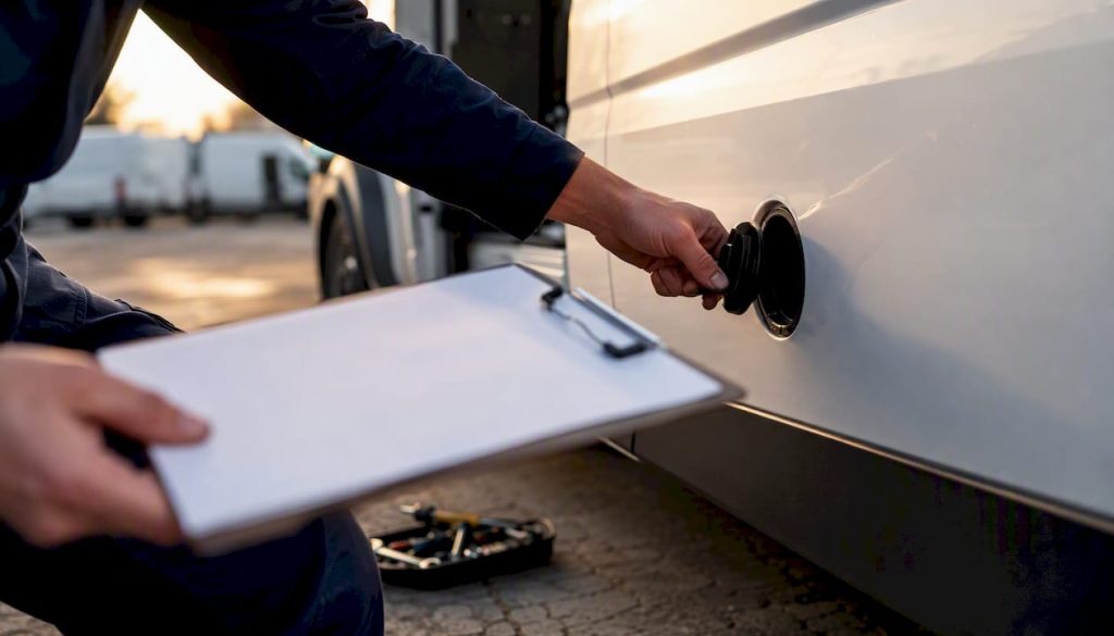 Technician checking van tyre pressure outdoors