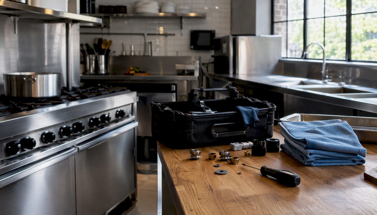 Maintenance tools arranged on kitchen workstation