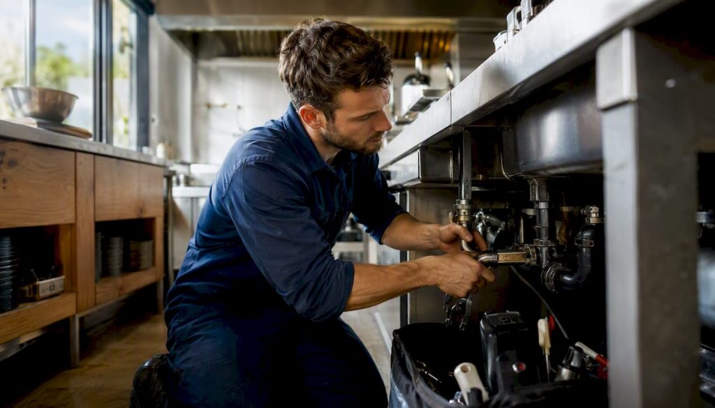 Technician repairing commercial kitchen plumbing