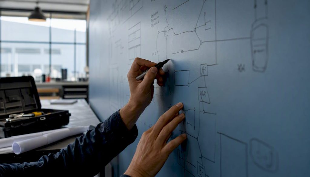 Engineer writing effects on whiteboard during FMEA session