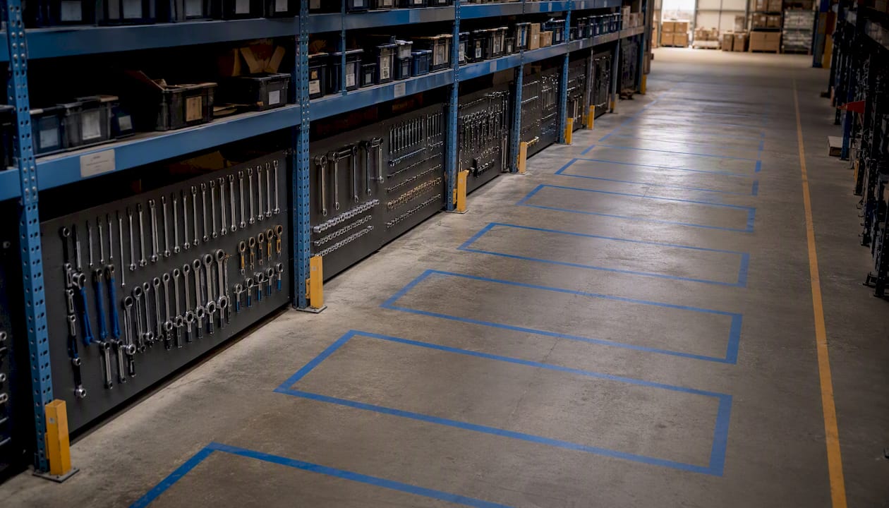 Shadow boards and floor markings in warehouse aisle