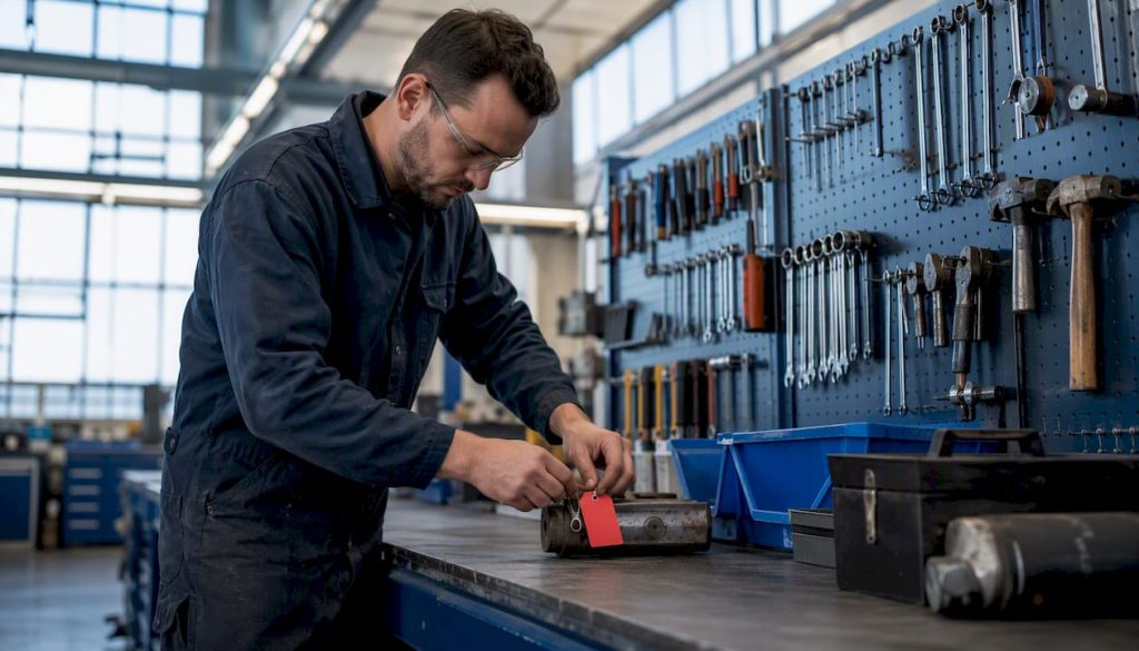 Technician red-tagging obsolete tool in workshop