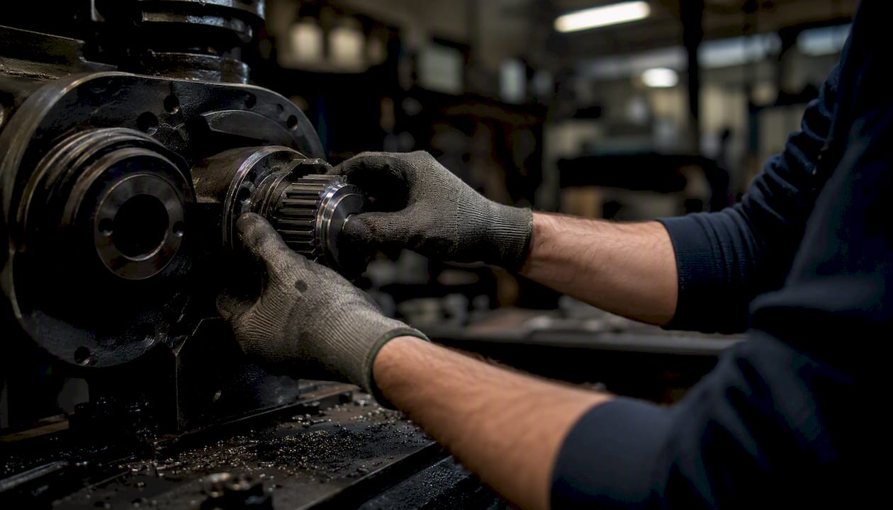Hands replacing spare part in industrial equipment
