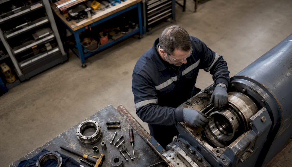 Technician performing corrective repair on industrial machine