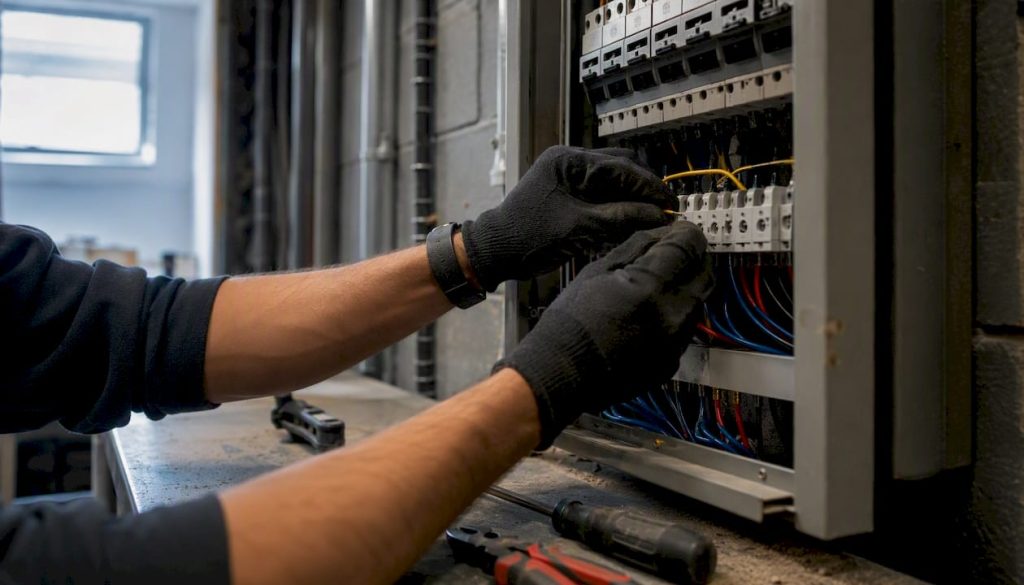Electrician wiring electrical distribution panel