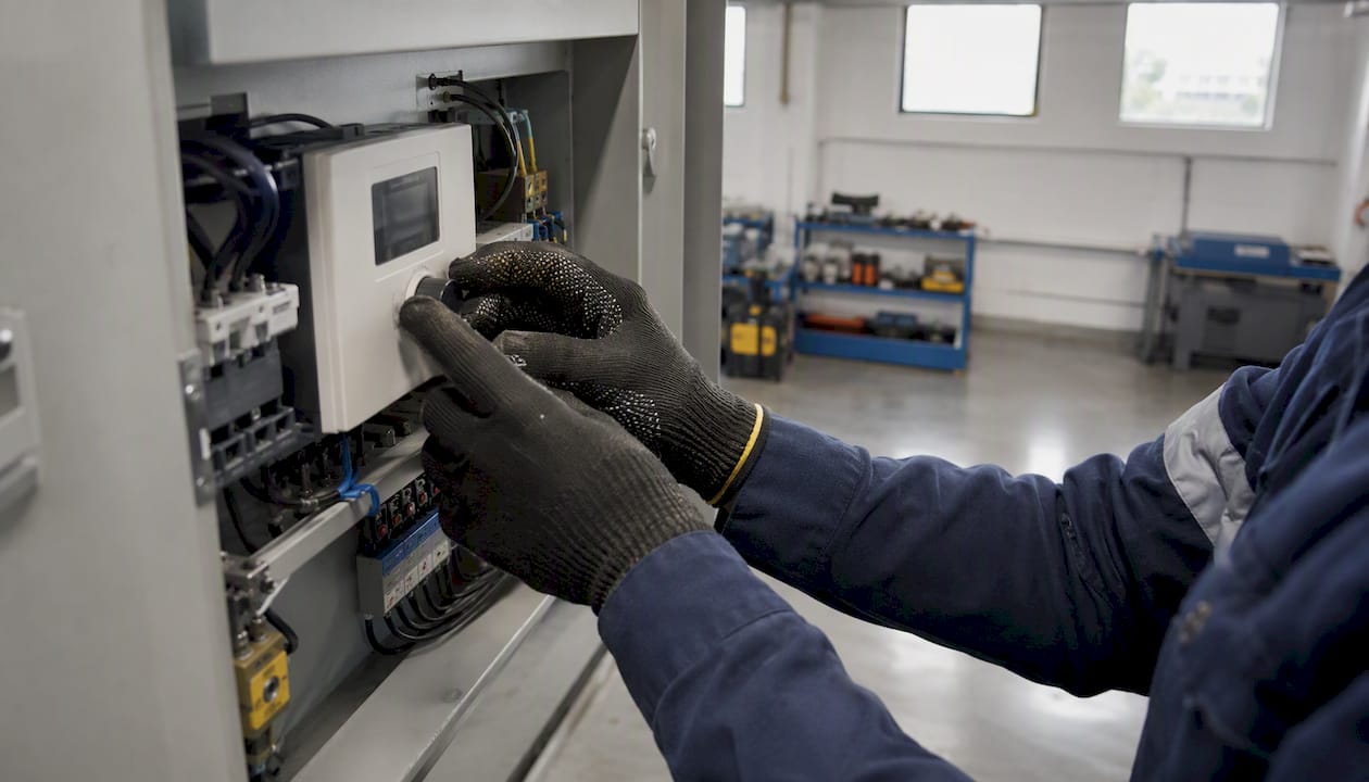 Technician performing electrical equipment maintenance