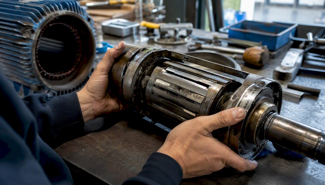 Hands inspecting rotor bars in motor