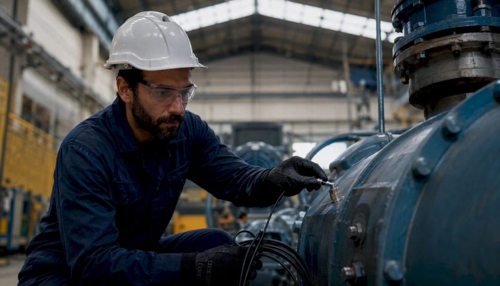 Engineer mounting vibration sensor on pump