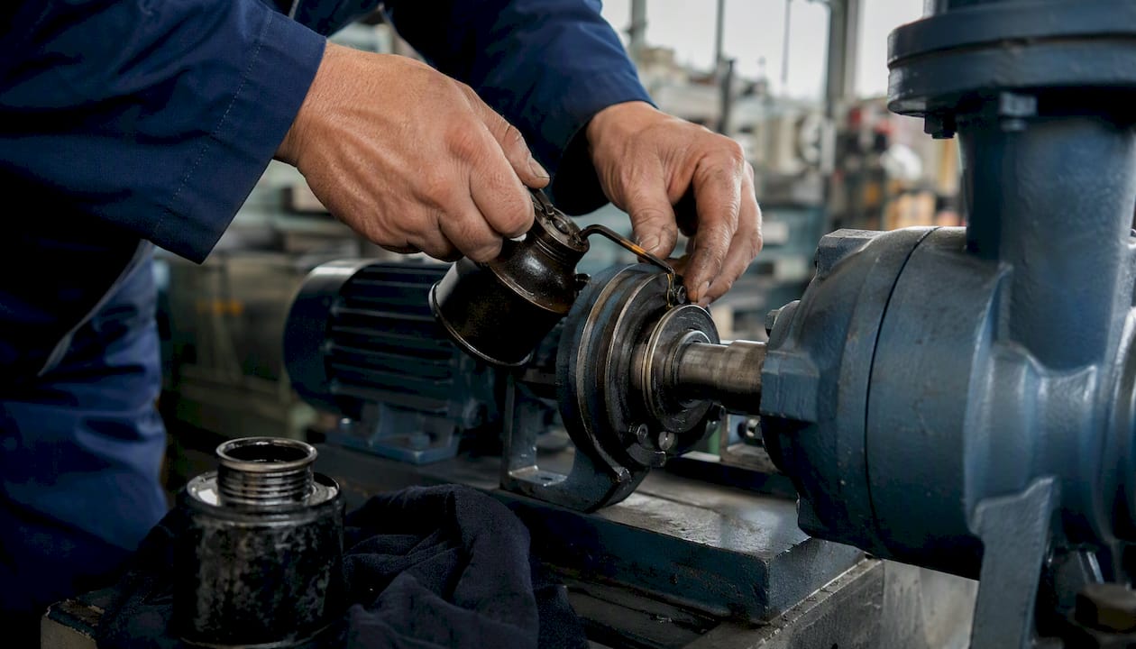 Hands lubricating industrial pump bearings
