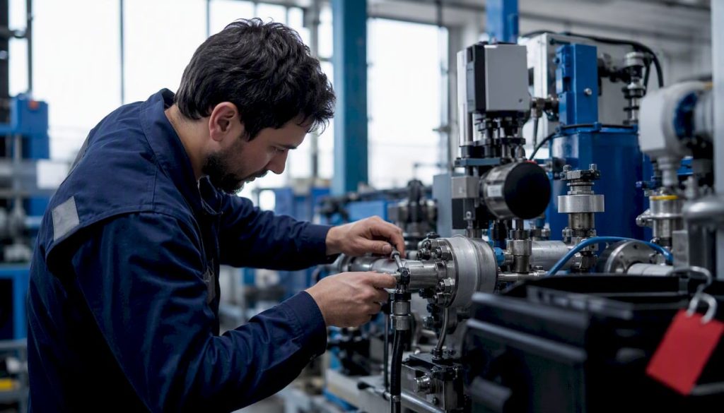 Technician adjusting industrial equipment