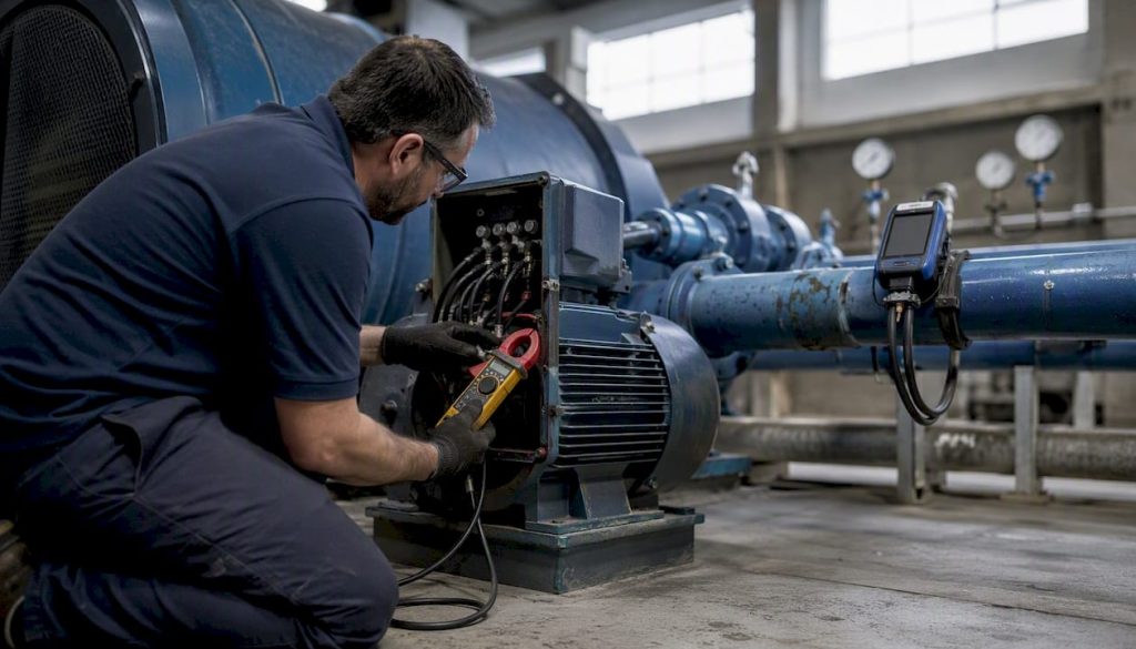 Technician using clamp meter on motor cable