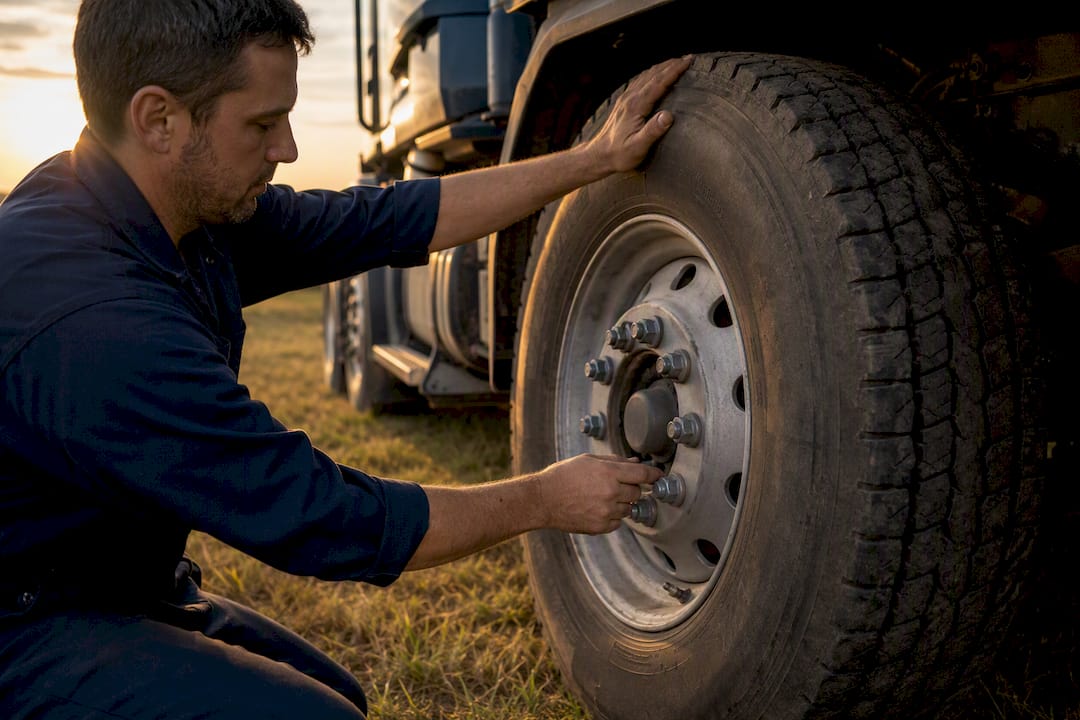 Hands inspecting truck tire and wheel