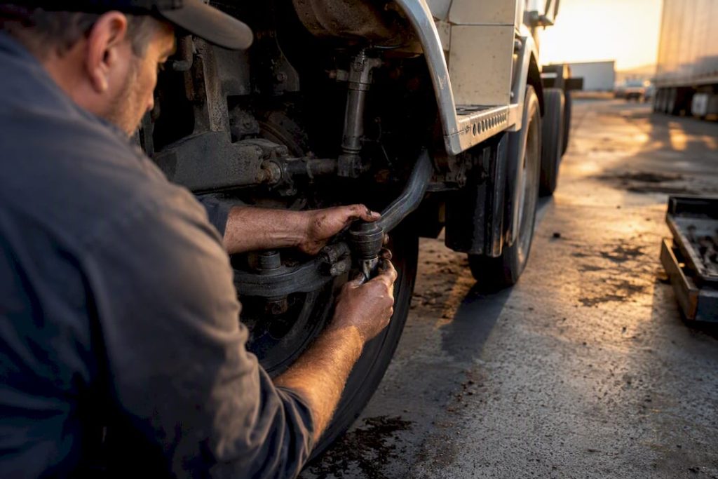 Hands checking truck steering system