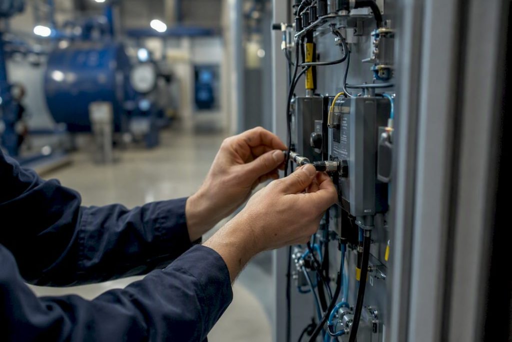 Hands wiring industrial sensor in plant room