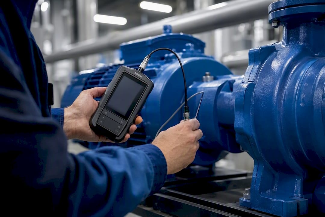 Hands inspecting industrial pump with sensor
