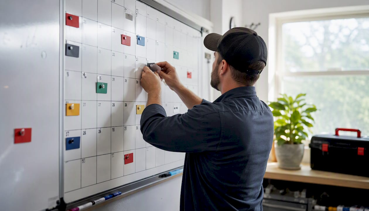 Technician updating maintenance calendar board
