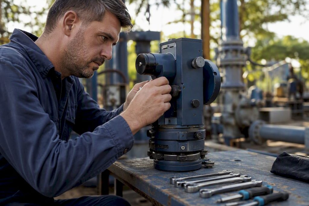 Hands calibrating industrial instrument dials