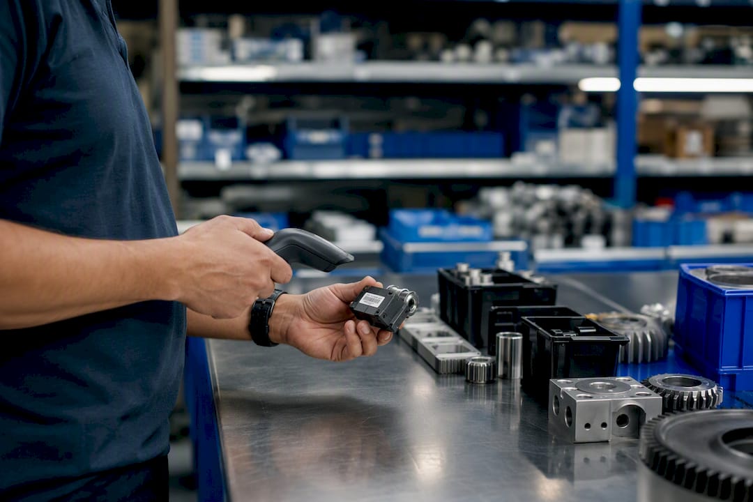 Technician hands scanning inventory with mobile scanner