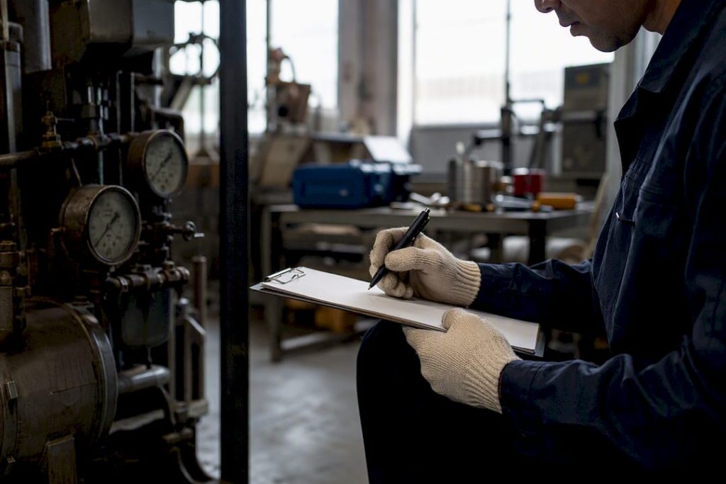 Technician hands taking machine data notes