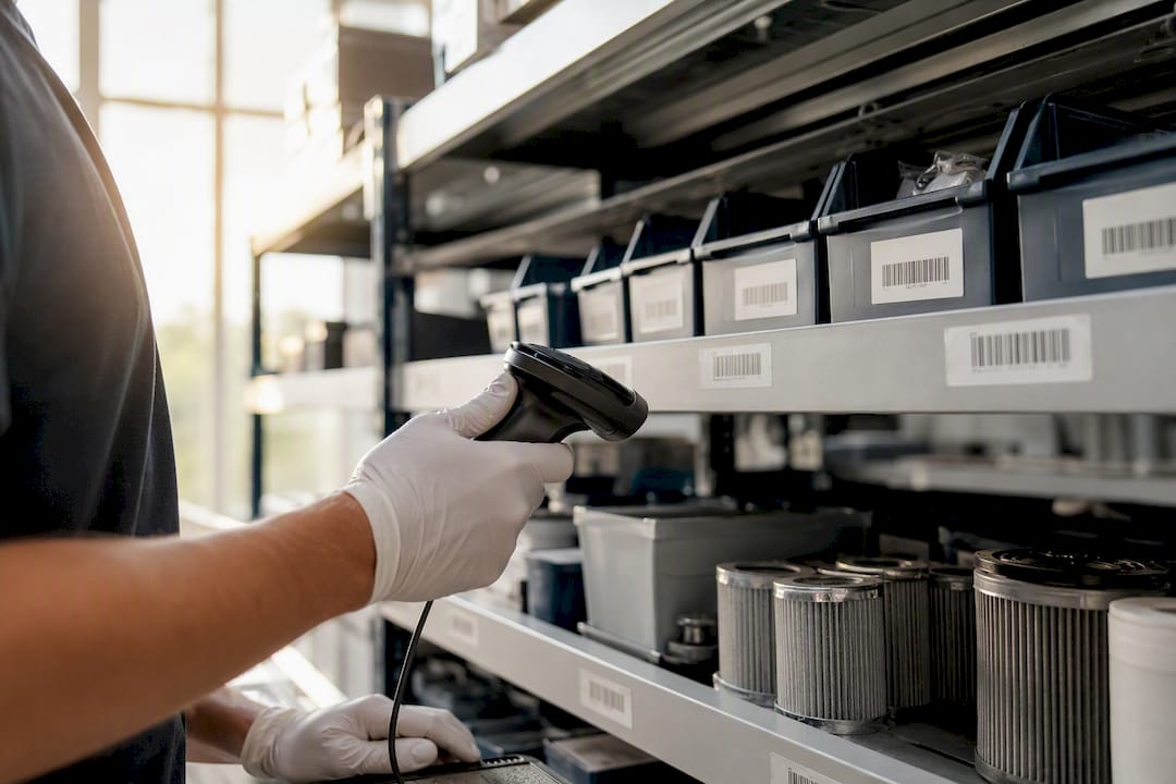 Hands scanning inventory tags in storeroom