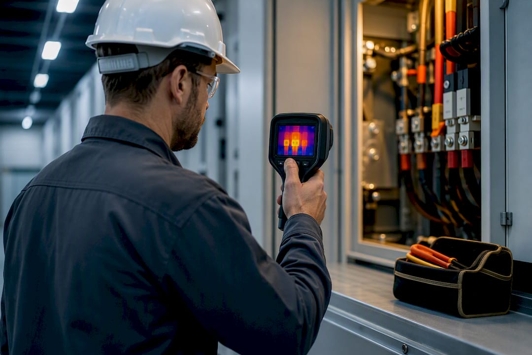 Technician checking electrical connection heat