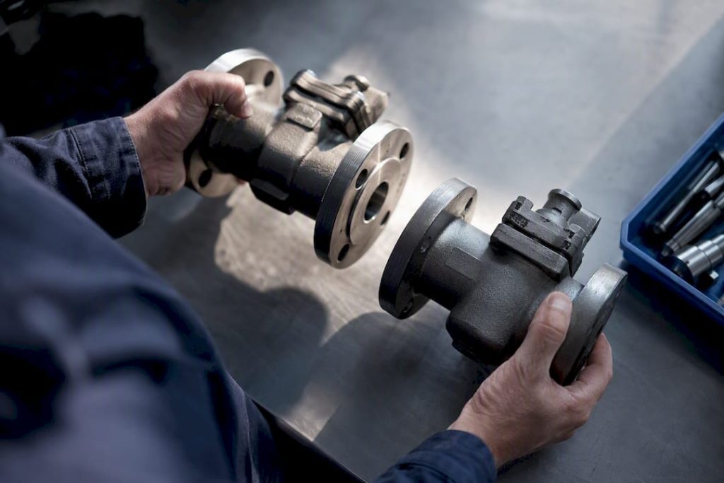 Engineer comparing valve components before maintenance change