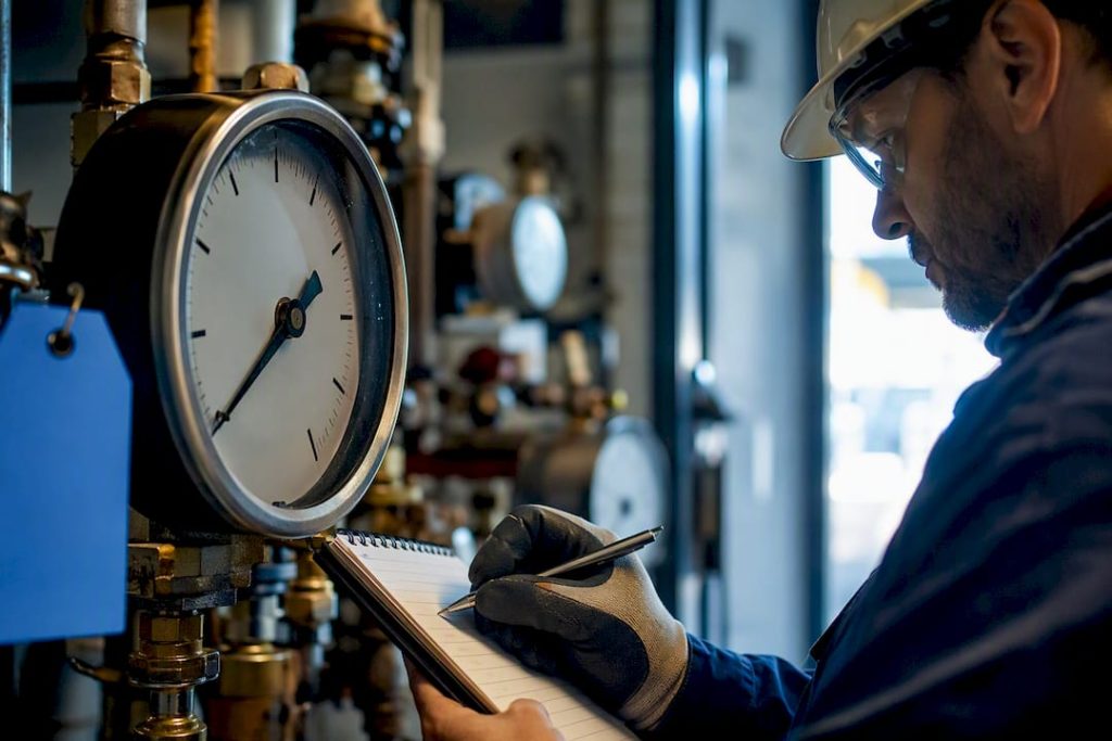 Technician recording an industrial meter reading