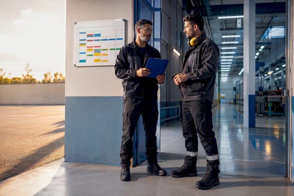 Technicians completing an industrial shift handover