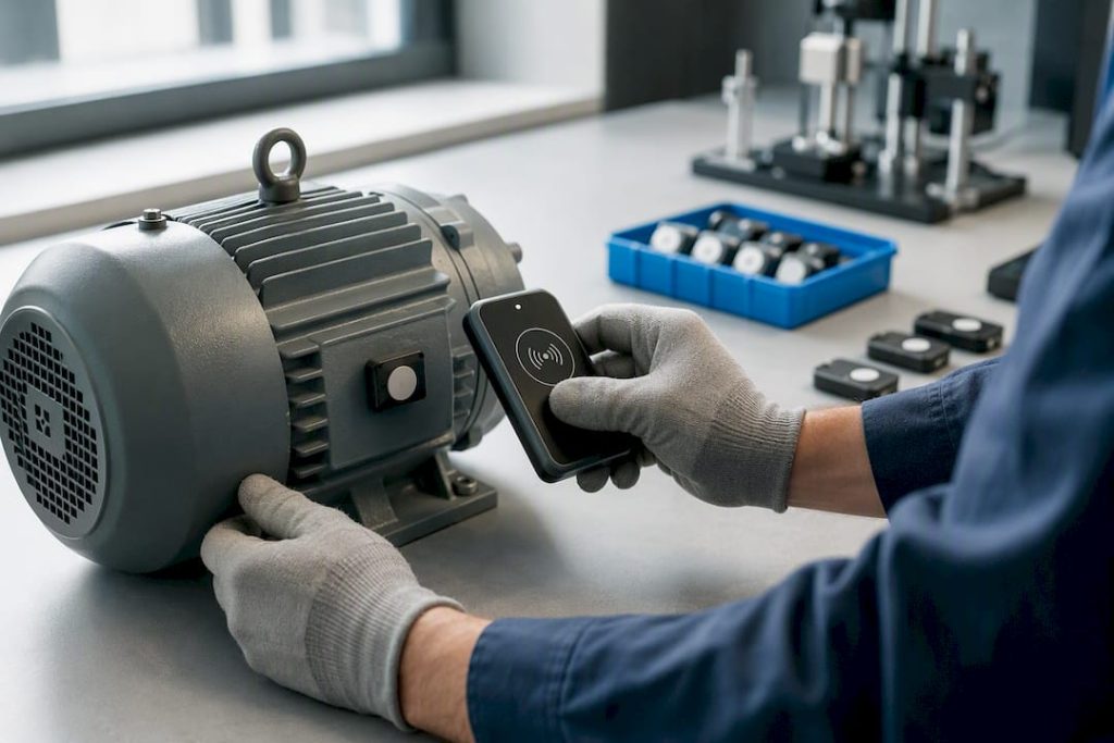 Technician testing RFID tag in maintenance lab