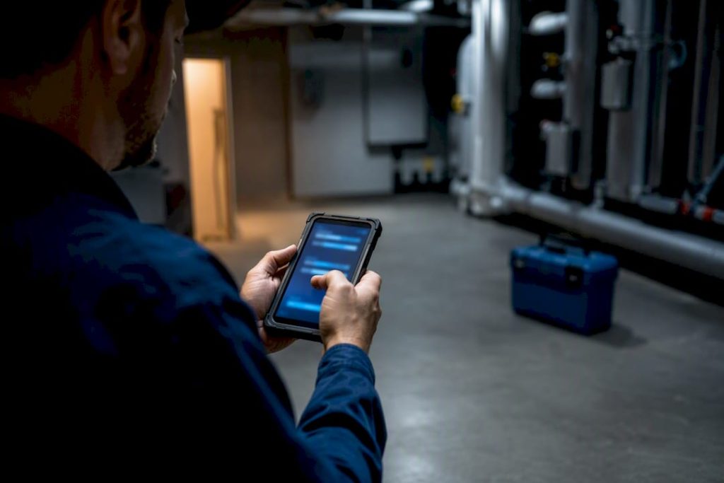 Technician recording maintenance work offline