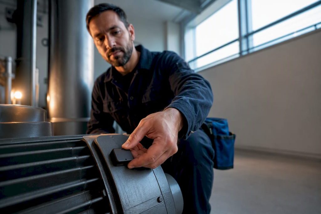 Technician aligning sensor tag with industrial asset