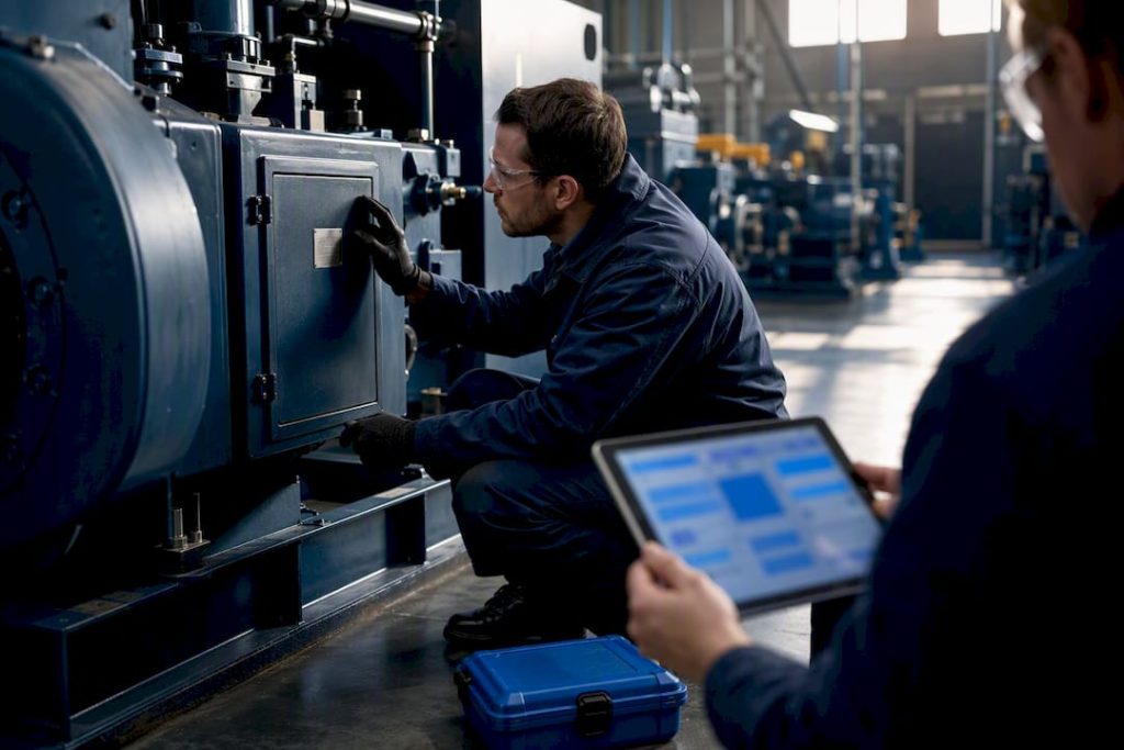 Equipo de mantenimiento inspeccionando equipos industriales