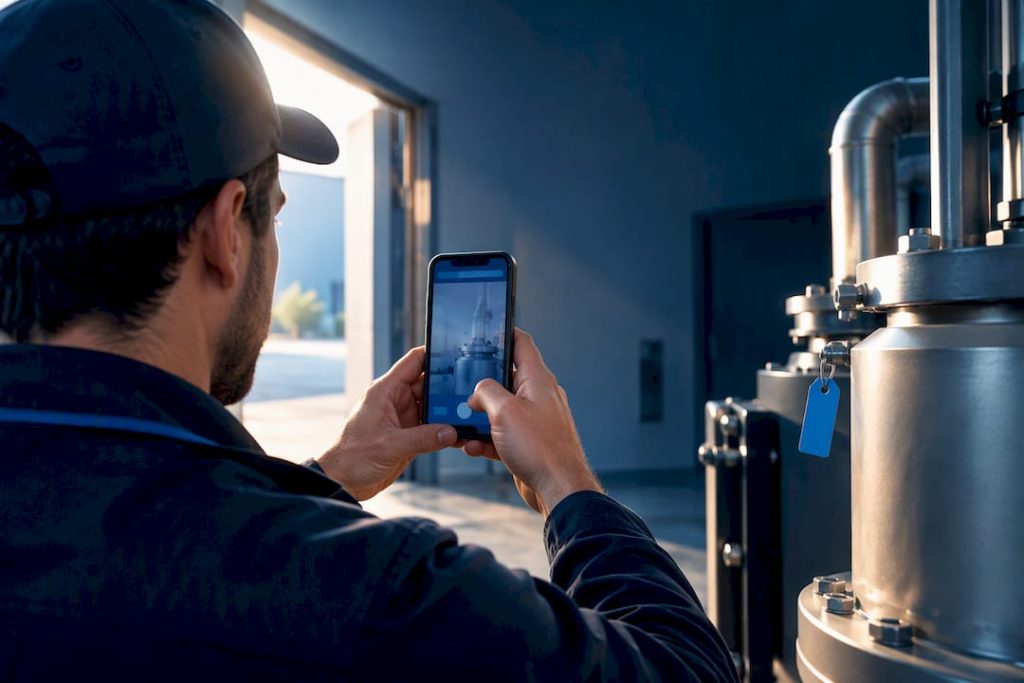 Un técnico fotografando evidencias de mantenimiento industrial