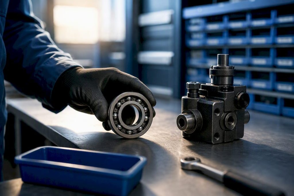 Un técnico inspeccionando piezas de repuesto para mantenimiento