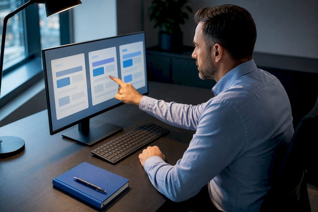 Manager reviewing scheduled maintenance reports