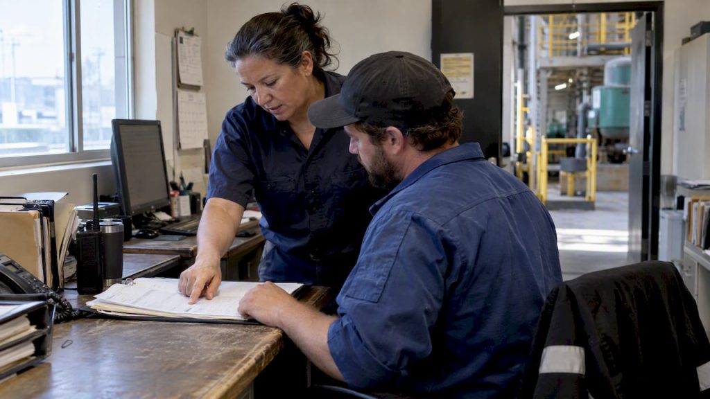 Maintenance supervisor handing off work order