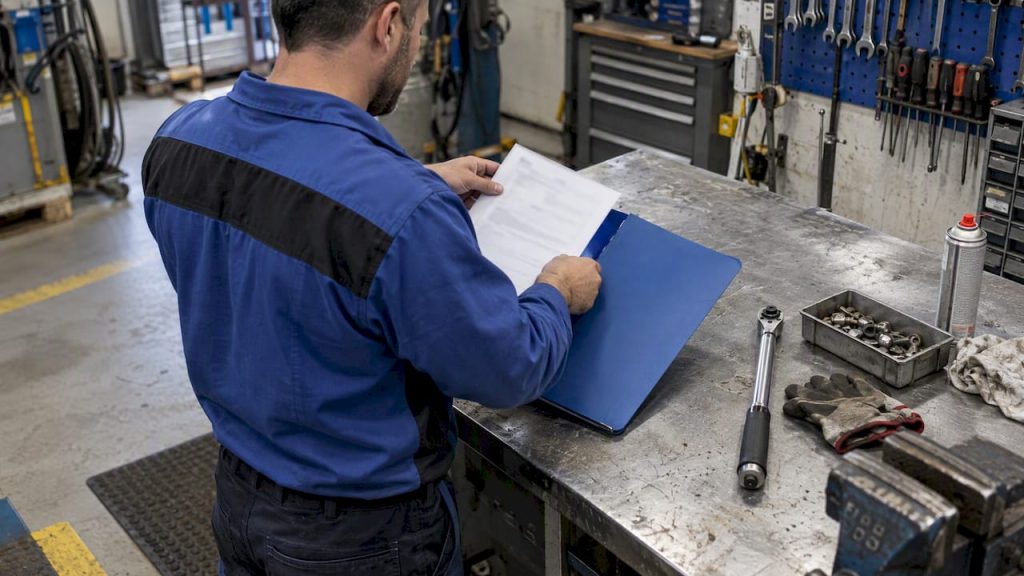 Technician organising maintenance work order paperwork