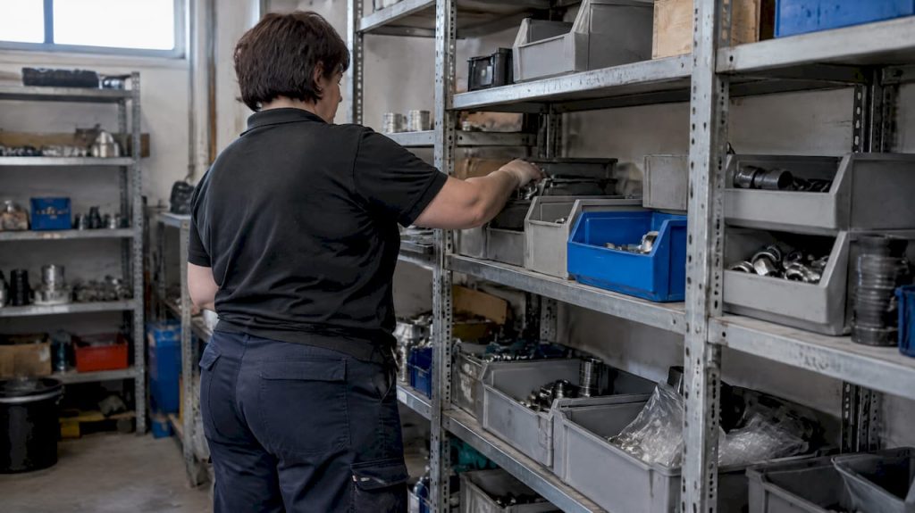 Technician auditing spare parts in storeroom